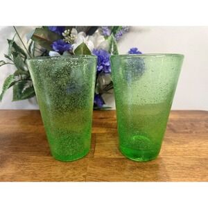 Vintage John Walsh‎ Green Bubble Glass Tumblers Bucket Vases England Decor  MCM